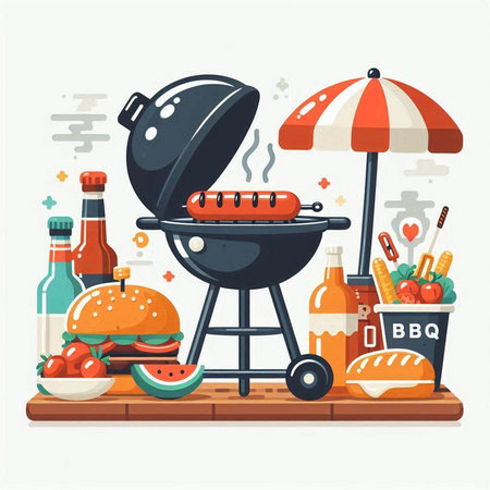 Barbecue grill with food and drinks. Vector illustration in flat styleのイラスト素材