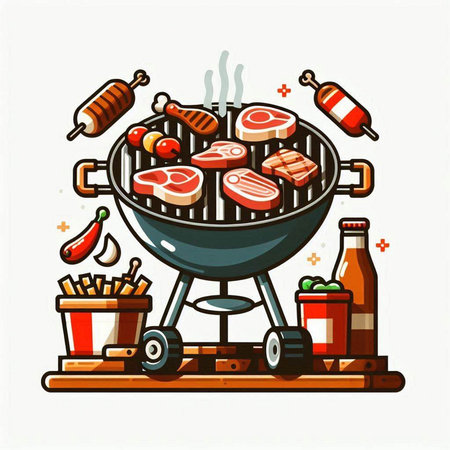 Barbecue grill with meat and vegetables. Vector illustration in cartoon style.のイラスト素材