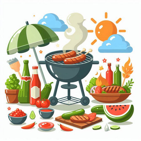 Barbecue party vector illustration. BBQ party with grilled sausages and vegetables.のイラスト素材