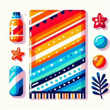 Vector illustration of a colorful striped background with sunblock and starfishのイラスト素材