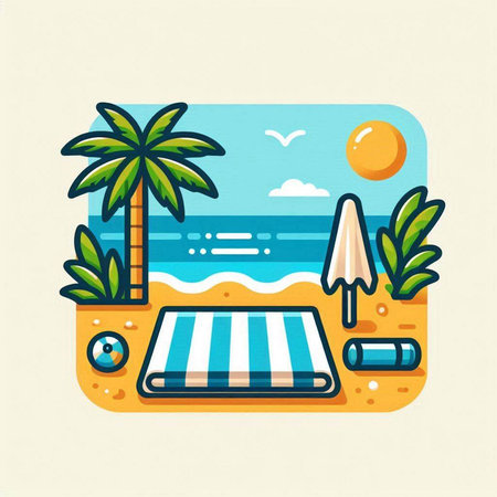 Beach in flat linear style. Vector illustration for your design.のイラスト素材
