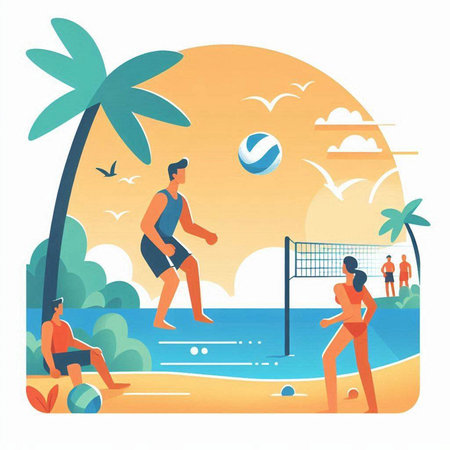 People playing beach volleyball on the beach. Vector illustration in flat styleのイラスト素材