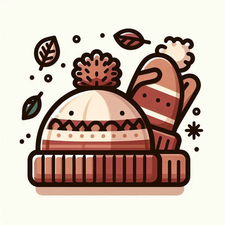 Winter hat and mittens with leaves. Vector illustration in cartoon style.のイラスト素材