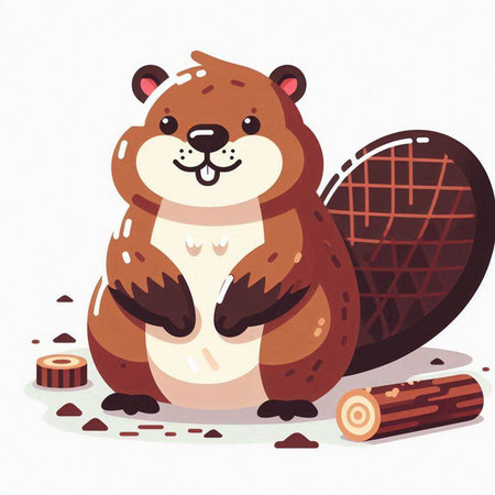 Cute cartoon beaver sitting on a log. Vector illustration.のイラスト素材