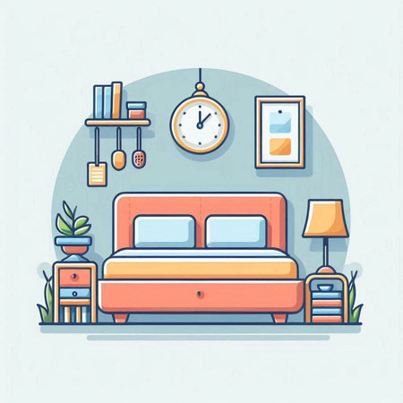 Bedroom interior. Vector illustration in flat design style. Furniture and home decoration.のイラスト素材