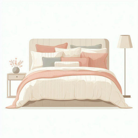 Illustration of a bed with a set of pillows on a white backgroundのイラスト素材