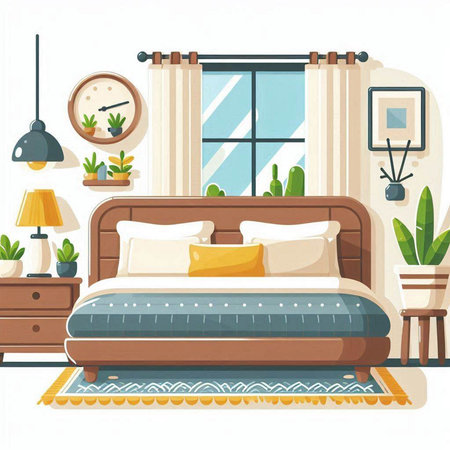 Bedroom interior. Bedroom in flat style. Vector illustration.のイラスト素材