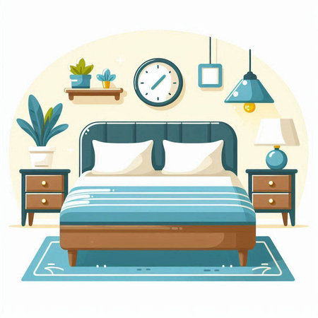 Bedroom interior. Vector illustration in flat style. Bedroom with bed, lamp, clock and plants.のイラスト素材