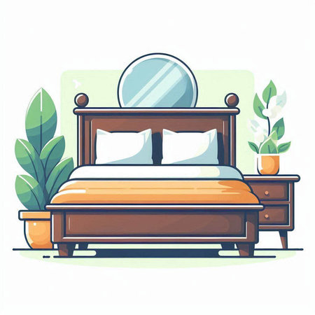 Vector illustration of a double bed with two pillows and a large mirror.のイラスト素材