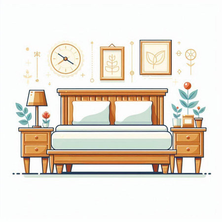 Bedroom interior. Vector illustration in flat style. Bed, bedside table, coffee table, clock, vase with flowers.のイラスト素材