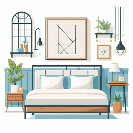 Bedroom interior with bed, pillows, lamp, nightstands and plants. Vector illustration.のイラスト素材