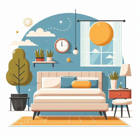 Bedroom interior. Bedroom in flat style. Vector illustration.のイラスト素材