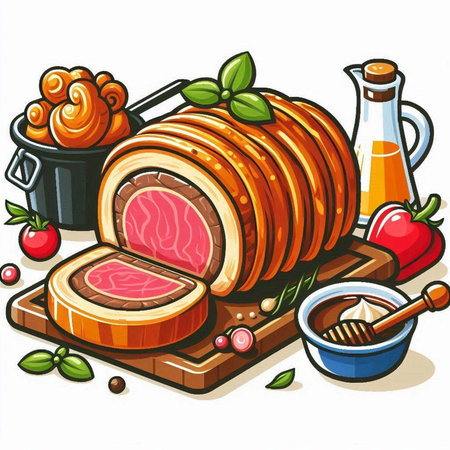 Illustration of a Roast Beef with Vegetables on a Cutting Boardのイラスト素材