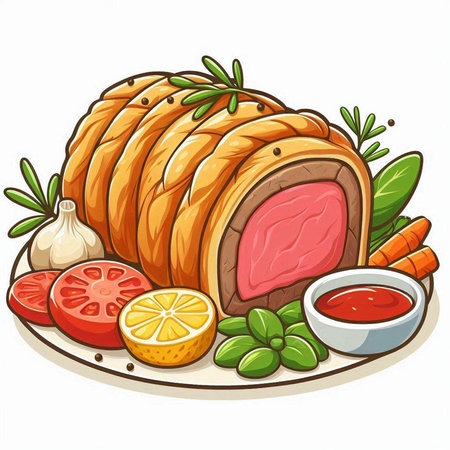 Meatloaf with vegetables on a white background. Vector illustration.のイラスト素材