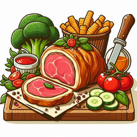 Pork tenderloin with vegetables on wooden board. Vector illustration.のイラスト素材