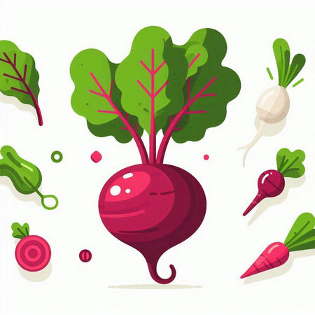 Radish, beetroot, beets, carrots, garlic, onion, parsley, parsley, vector illustrationのイラスト素材