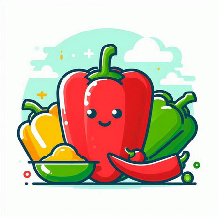 Cartoon vector illustration of red and yellow bell pepper. Cute and funny paprika character.のイラスト素材