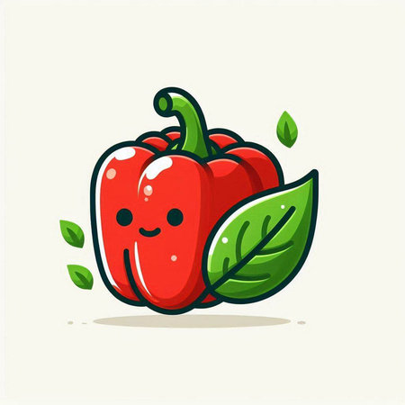 Cute red bell pepper with green leaves. Vector flat cartoon illustrationのイラスト素材