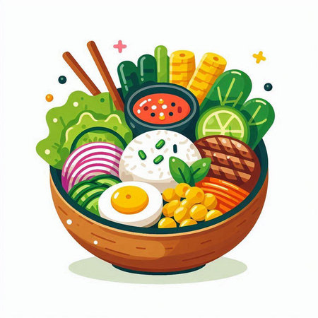 Bowl of Asian food with rice and vegetables. Vector illustration.のイラスト素材