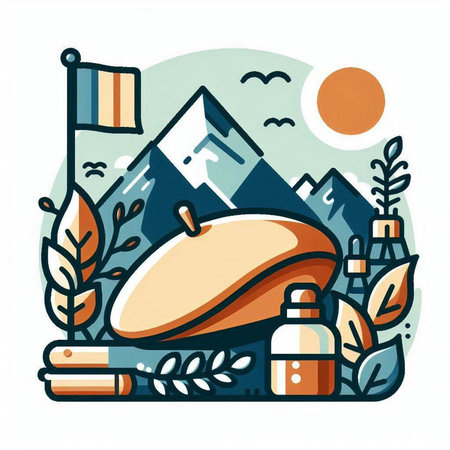 Vector illustration of a mountain landscape with a rugby ball on a background of mountains and sun.のイラスト素材