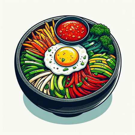 Korean hot pot with vegetables and fried egg. Vector illustration.のイラスト素材