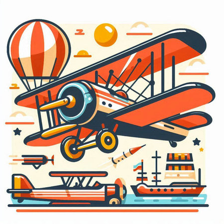 Airplane and sea transport. Vector illustration in flat style on white background.のイラスト素材
