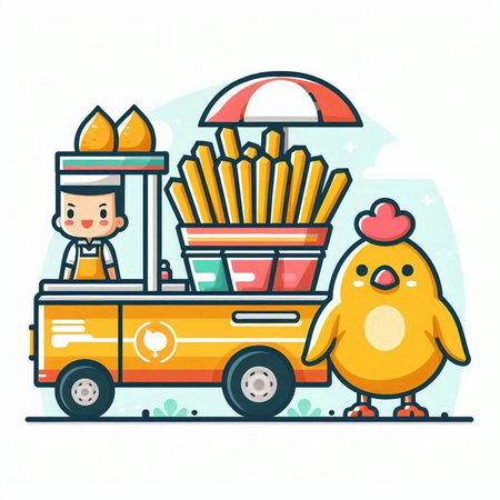 Cute cartoon chicken and boy standing near fast food truck. Vector illustrationのイラスト素材