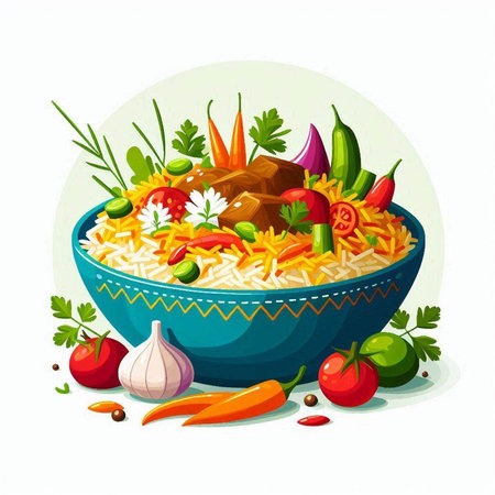 Pilaf in bowl with vegetables and meat. Vector illustration.のイラスト素材