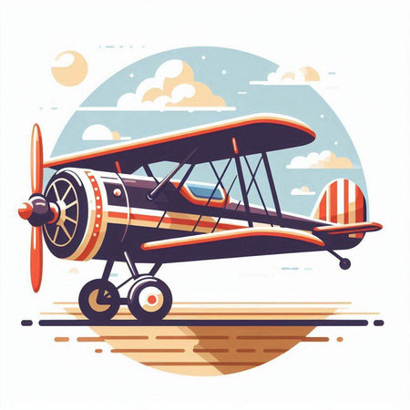 Retro biplane flying in the sky. Cartoon vector illustration.のイラスト素材