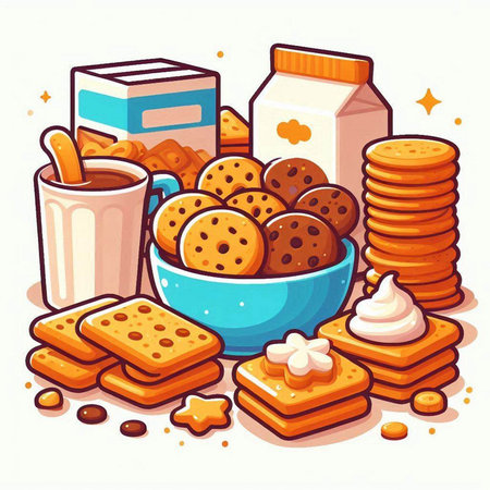 Vector illustration of a bowl with cookies and a jar of milk.のイラスト素材