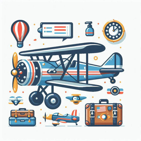Airplane and travel icon set. Vector illustration in flat style.のイラスト素材
