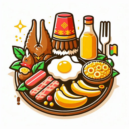 Korean food vector illustration with fried egg, sausages and vegetablesのイラスト素材