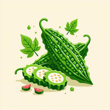 Illustration of bitter gourd with green leaves and slices.のイラスト素材