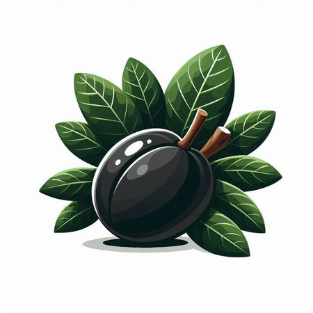 Black plum with green leaves isolated on white background. Vector illustration.のイラスト素材