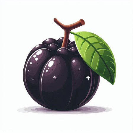Illustration of a black plums with leaves on a white backgroundのイラスト素材