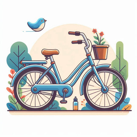 Bicycle in the park. Vector illustration in flat cartoon style.のイラスト素材