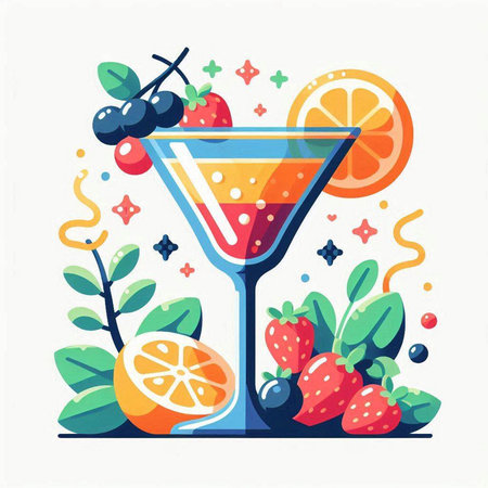 Cocktail with fruits and berries. Vector illustration in flat style.のイラスト素材