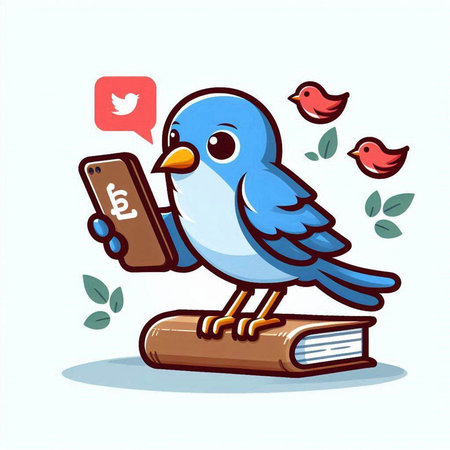 Vector illustration of a blue bird with a smartphone on a book.のイラスト素材