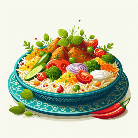 Vector illustration of a bowl of rice with chicken, vegetables and herbsのイラスト素材