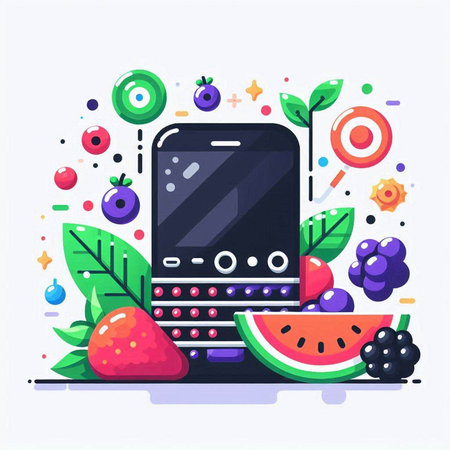 Modern flat design vector illustration concept of healthy lifestyle. Smartphone and fruits.のイラスト素材