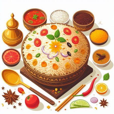 Indian cuisine. Rice with vegetables, spices and herbs. Vector illustration.のイラスト素材