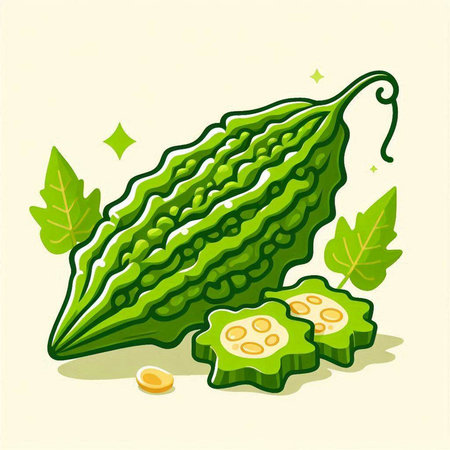 Illustration of bitter melon and green leaves on a light backgroundのイラスト素材
