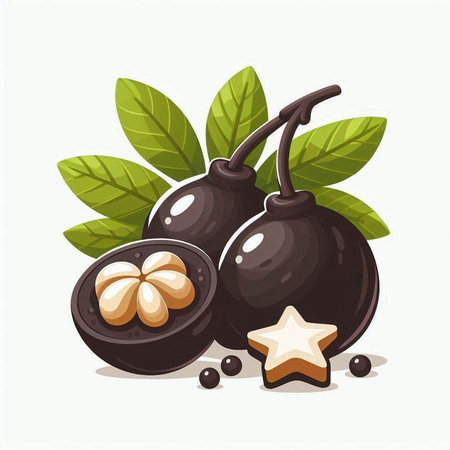 Mangosteen fruit with leaves and star. Vector illustration.のイラスト素材
