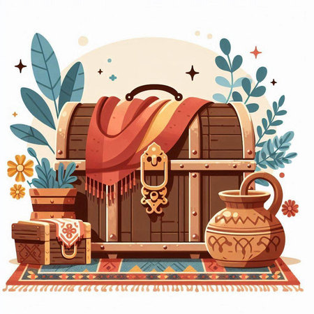 Vector illustration of a wooden chest with a lid, a straw hat and a red scarf.のイラスト素材