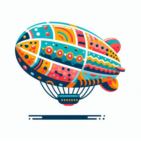 Vector illustration of airship with colorful pattern on white background. Design element for poster, card, banner.のイラスト素材