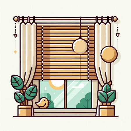 Window with blinds and plants. Vector illustration in flat style.のイラスト素材