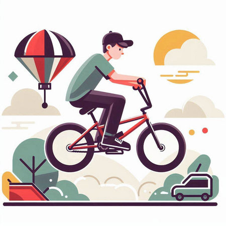 Man riding a bicycle in the park. Flat style vector illustration.のイラスト素材
