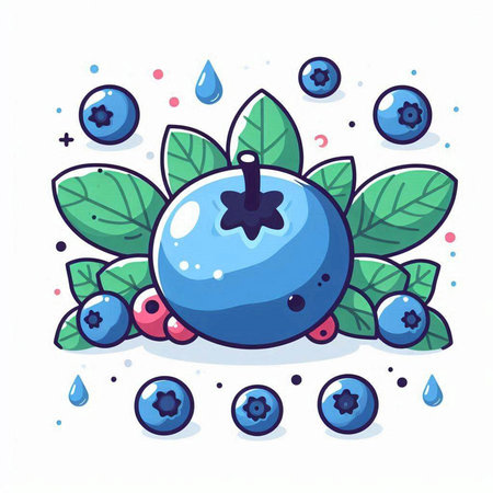 Blueberry vector illustration. Fresh berry with leaves and water drops.のイラスト素材