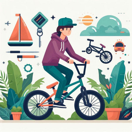 Cyclist riding bicycle in the park. Flat style vector illustration.のイラスト素材