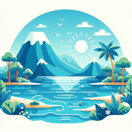 landscape with mountains and lake in flat style. vector illustration.のイラスト素材